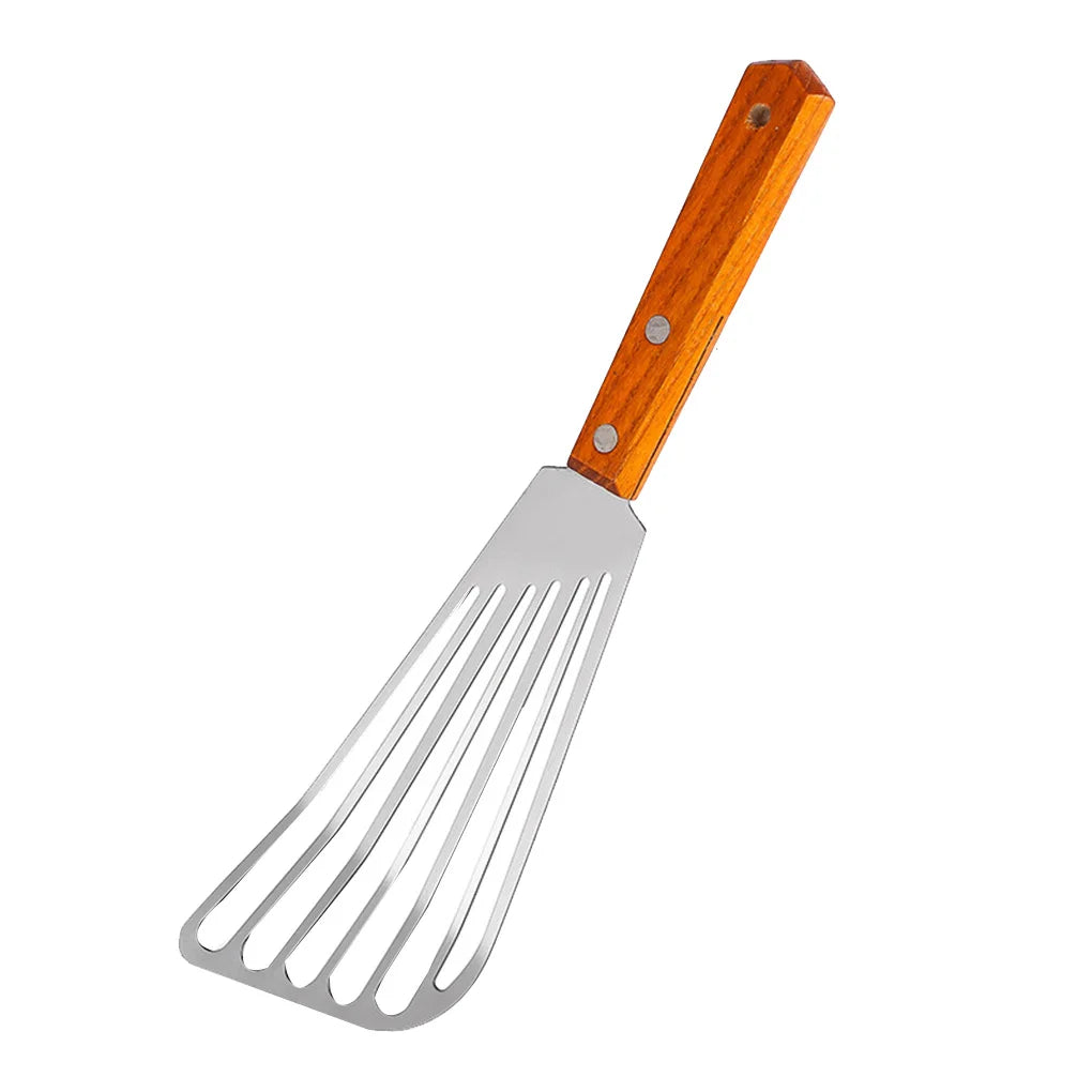 Stainless Steel Slotted Turner with Wooden Handle – Perfect for Frying, Flipping, and Grilling