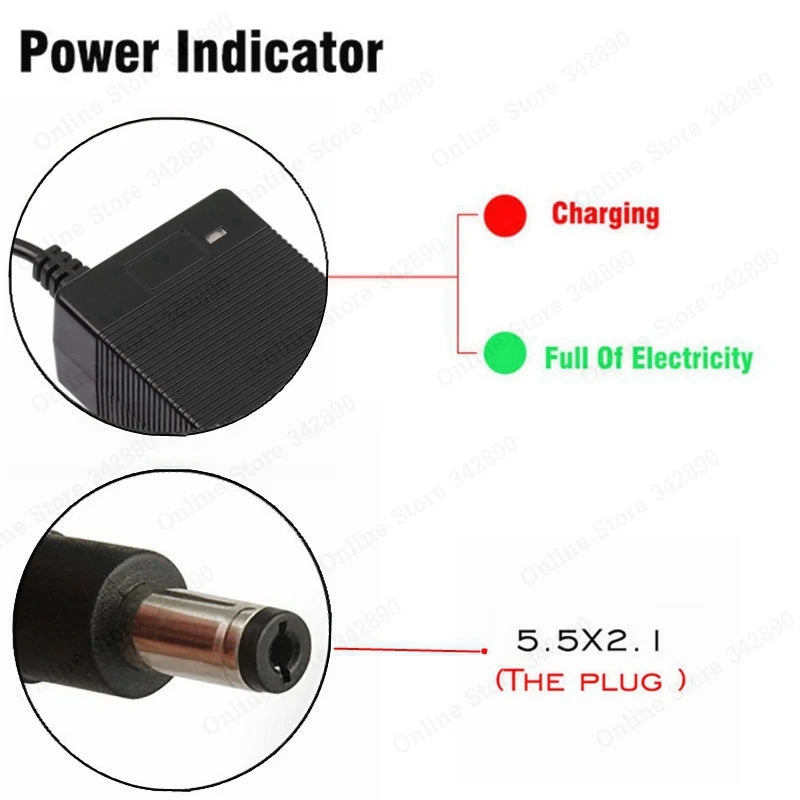 36V 2A charger, 42V output, 100-240 VAC input, for lithium batteries.