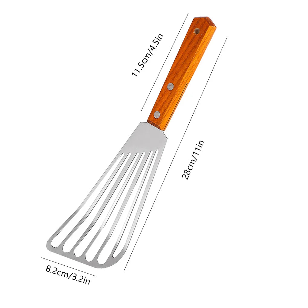 Stainless Steel Slotted Turner with Wooden Handle – Perfect for Frying, Flipping, and Grilling