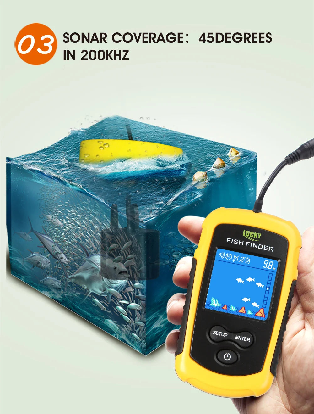 FFC1108-1 Portable Sonar Fish Finder – 100M Depth, 45° Coverage, Echo Sounder Alarm for Lake & Sea Fishing