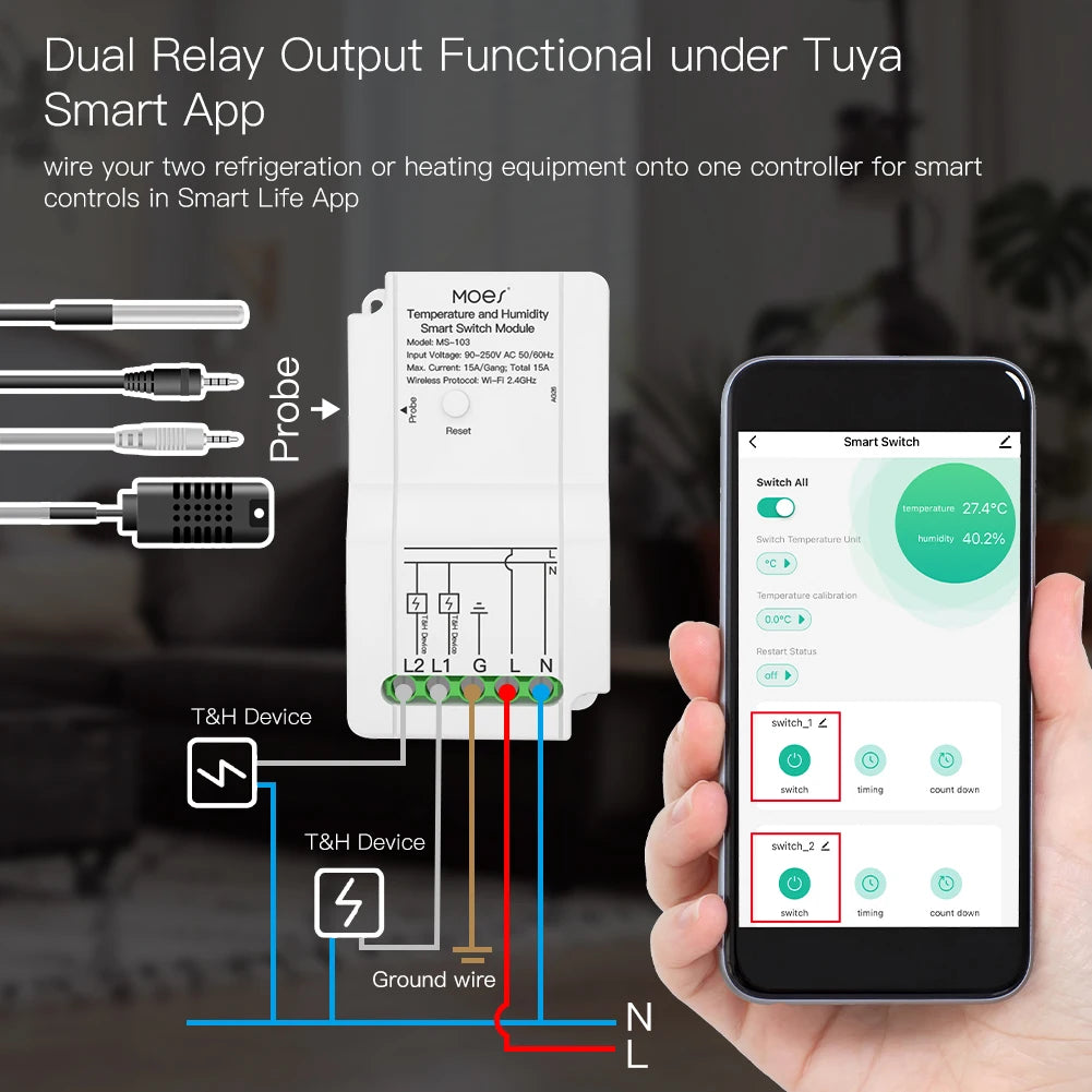 Smart WiFi Temp & Humidity Switch - Dual Relay