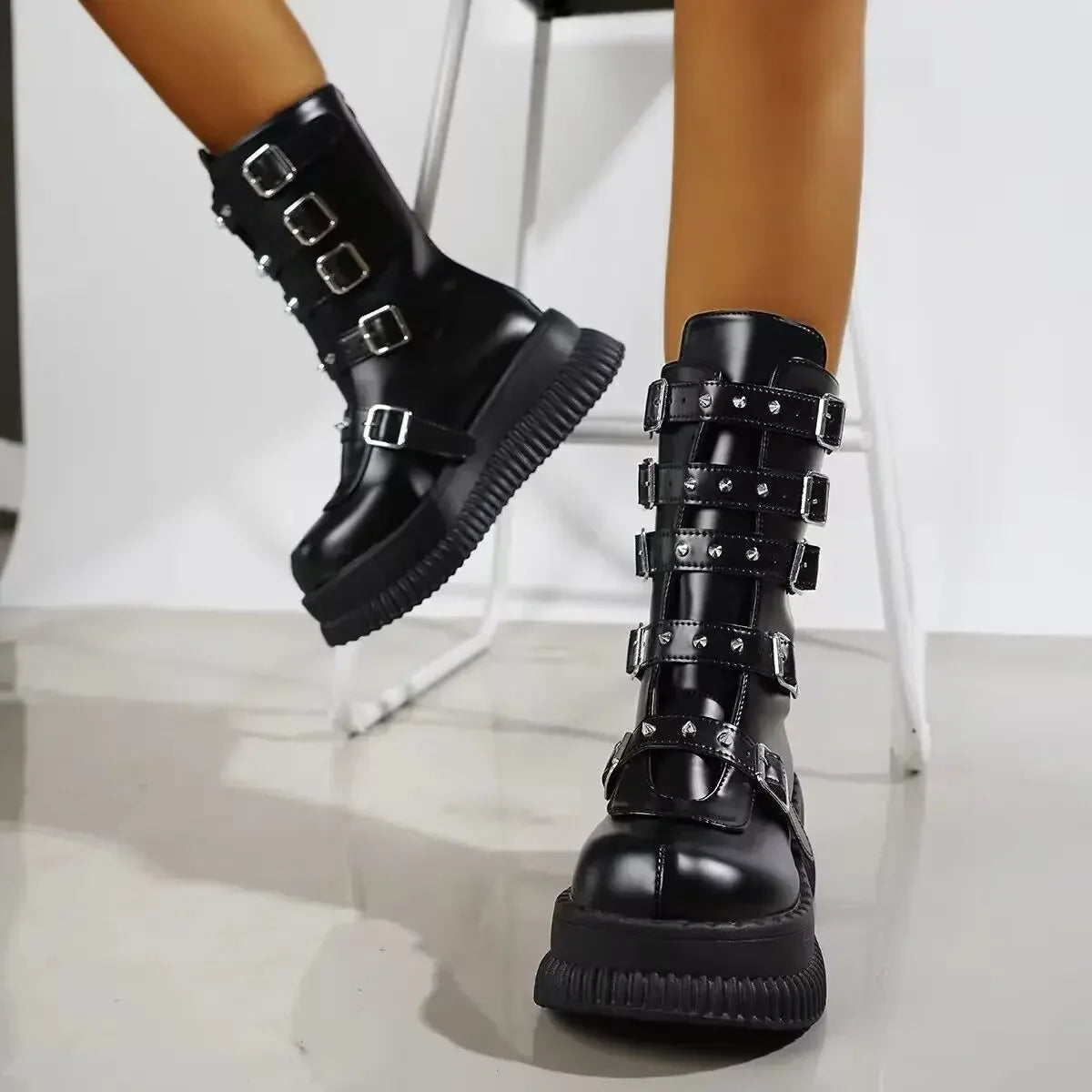 Women's Black Gothic Platform Wedge Boots - Punk Style Chunky Heels.