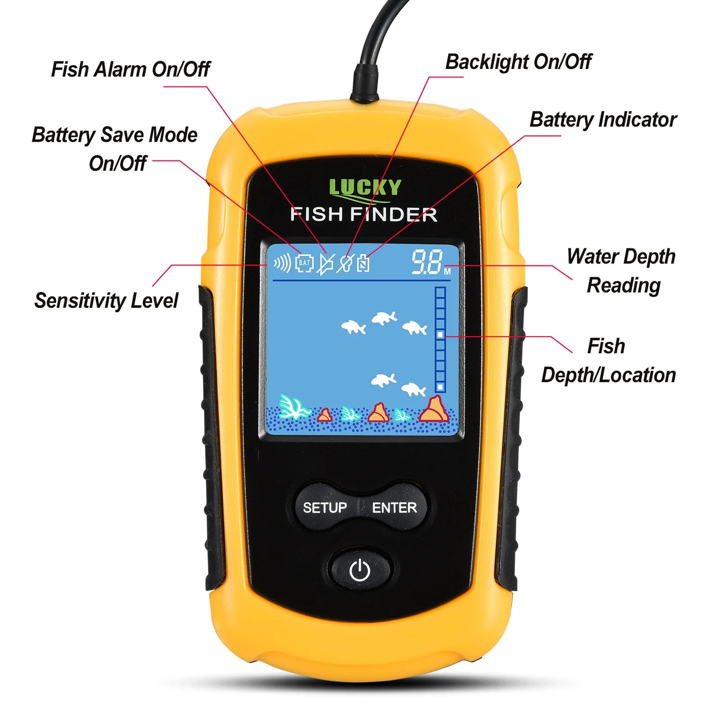 FFC1108-1 Portable Sonar Fish Finder – 100M Depth, 45° Coverage, Echo Sounder Alarm for Lake & Sea Fishing