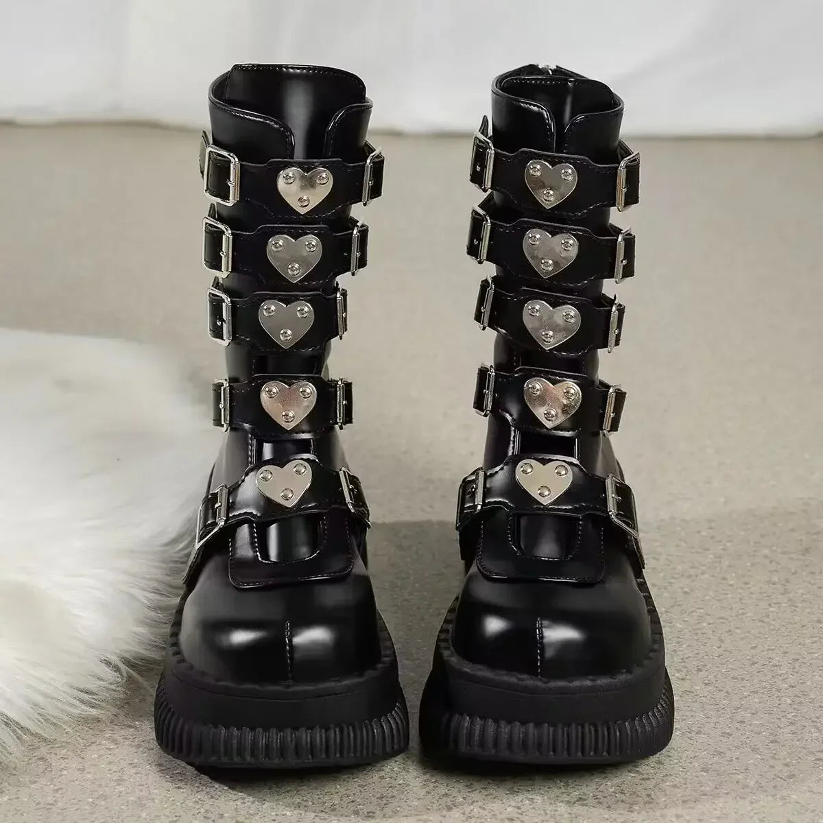 Women's Black Gothic Platform Wedge Boots - Punk Style Chunky Heels.