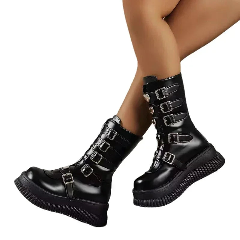 Women's Black Gothic Platform Wedge Boots - Punk Style Chunky Heels.