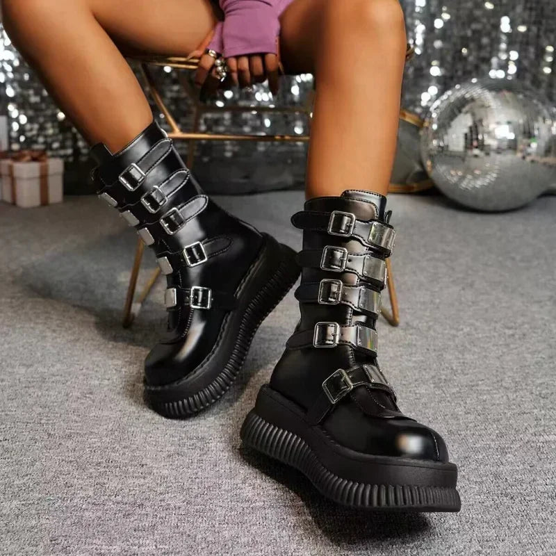 Women's Black Gothic Platform Wedge Boots - Punk Style Chunky Heels.