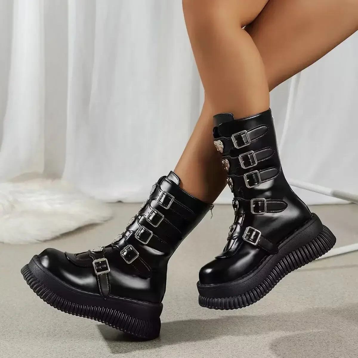 Women's Black Gothic Platform Wedge Boots - Punk Style Chunky Heels.