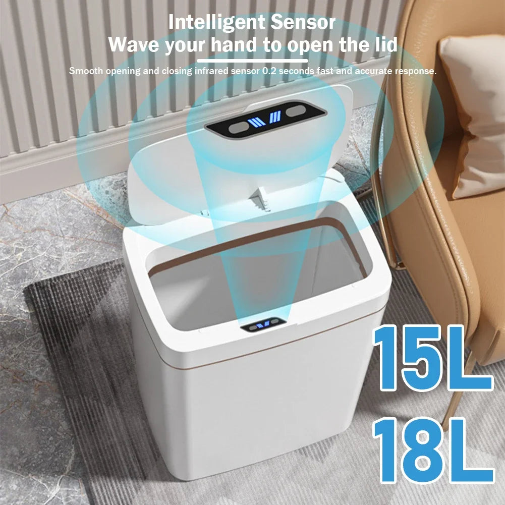 Smart Motion Sensor Trash Bin – 15/18L Touchless Waterproof Garbage Can for Kitchen & Bathroom