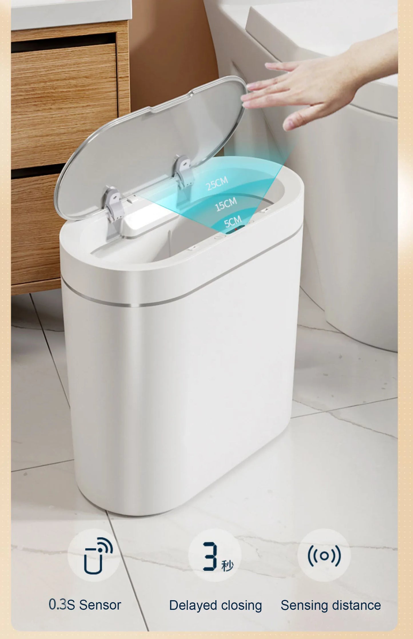 Compact Smart Sensor Trash Can – 7/9L Waterproof Waste Bin for Bathroom & Kitchen