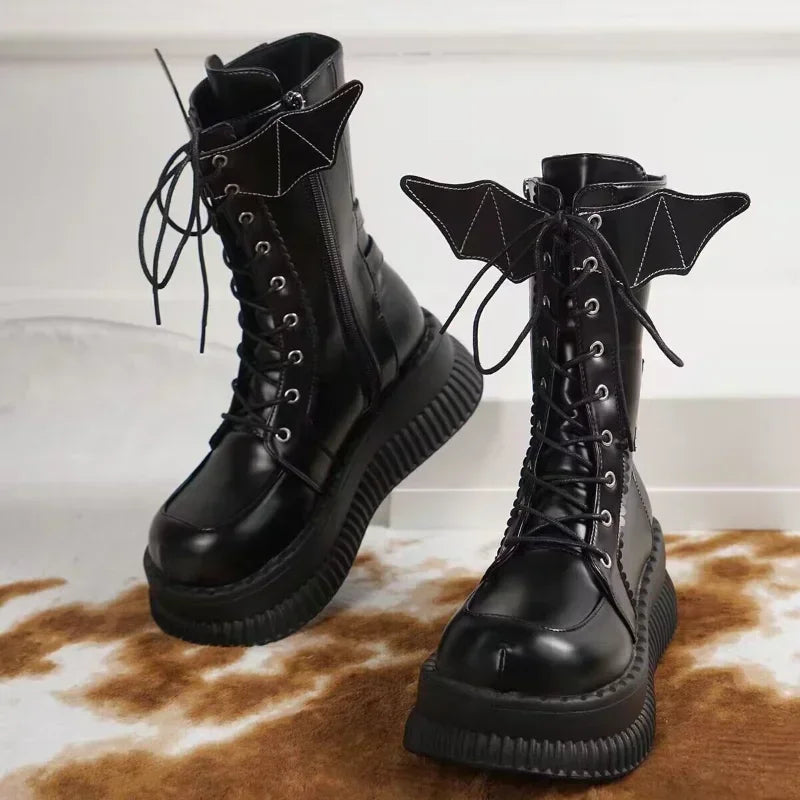 Women's Black Gothic Platform Wedge Boots - Punk Style Chunky Heels.