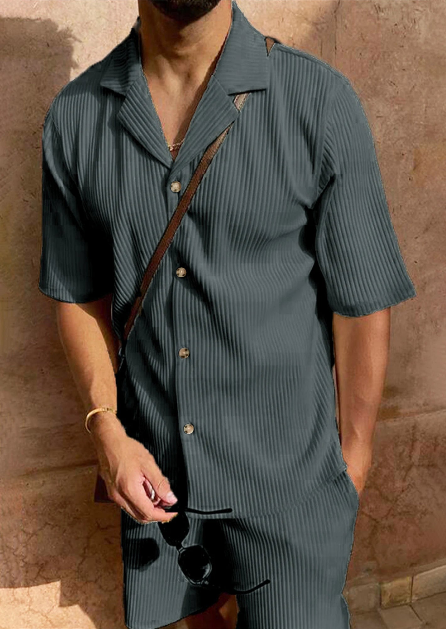 Spring/Summer Ensemble: Solid corduroy short-sleeve shirt and matching shorts, great for casual beach wear.