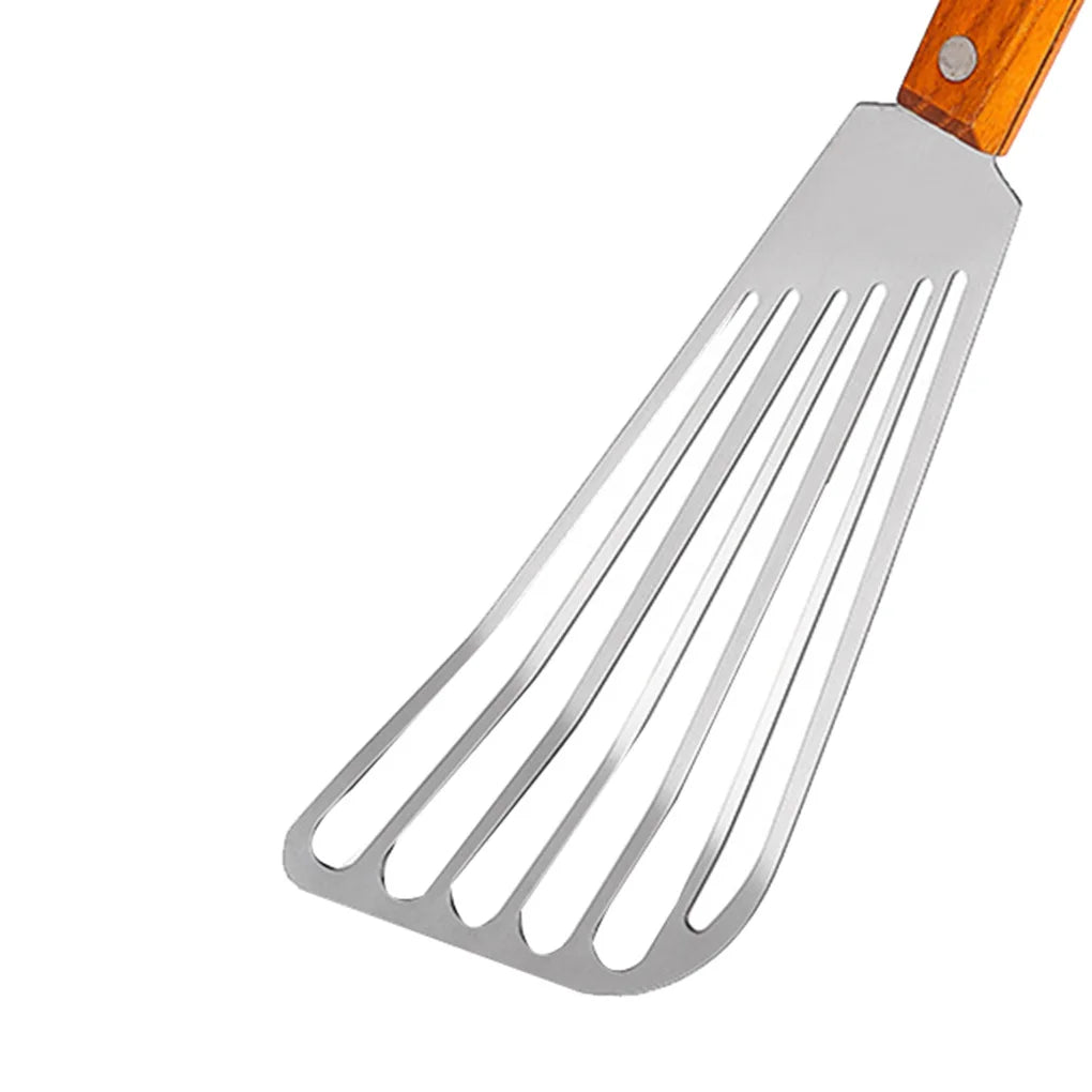 Stainless Steel Slotted Turner with Wooden Handle – Perfect for Frying, Flipping, and Grilling