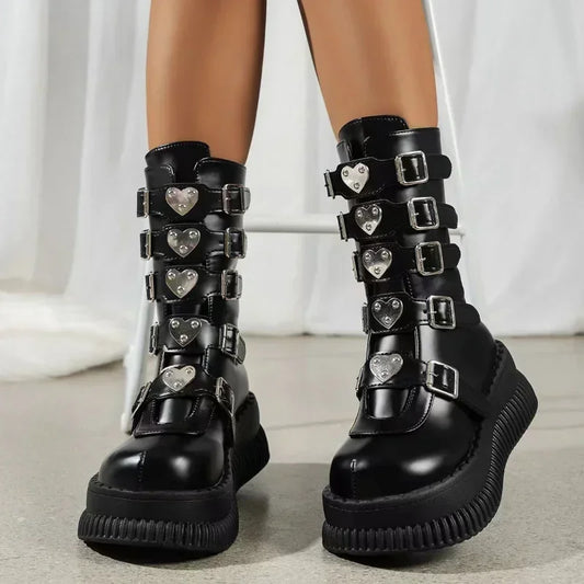 Women's Black Gothic Platform Wedge Boots - Punk Style Chunky Heels.