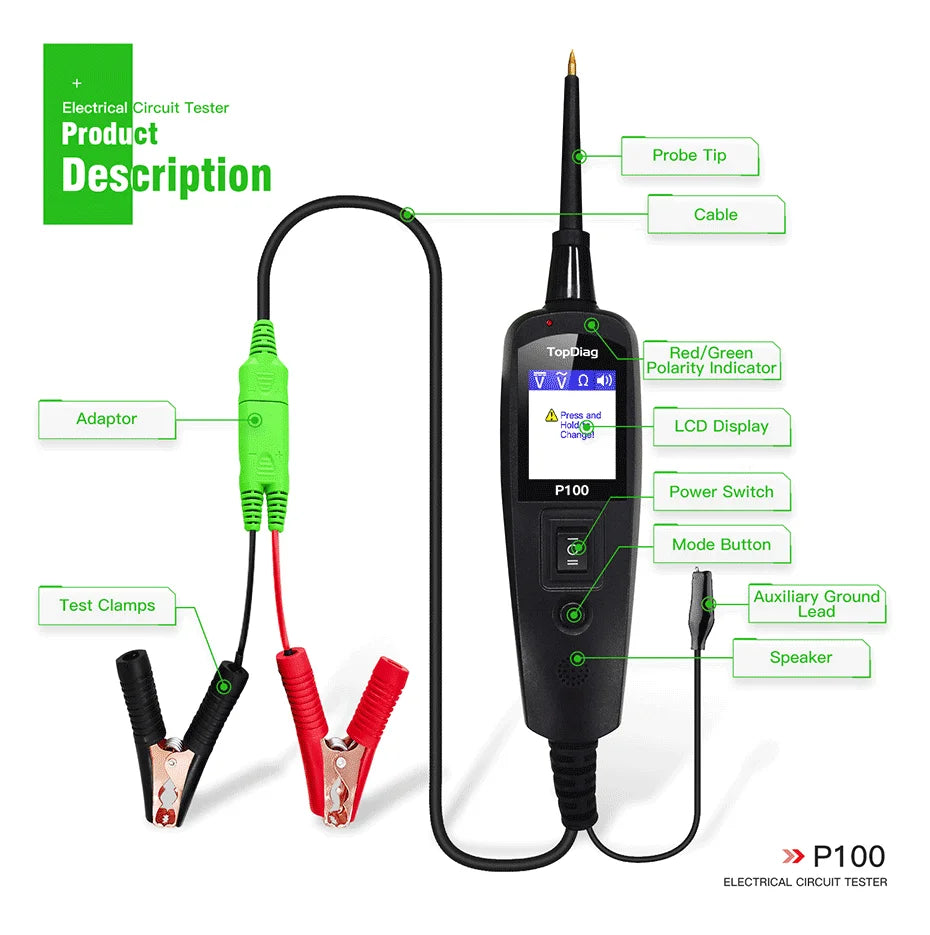 TopDiag OBD2 Scanner 12V/24V Car Truck Power Scan Electric Circuit Tester Probe.