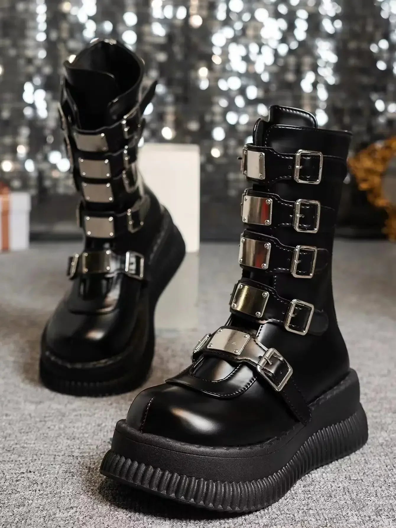 Women's Black Gothic Platform Wedge Boots - Punk Style Chunky Heels.