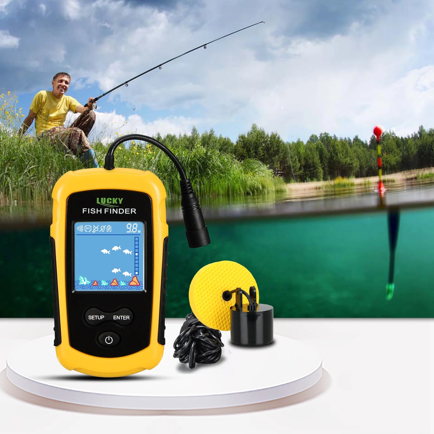 FFC1108-1 Portable Sonar Fish Finder – 100M Depth, 45° Coverage, Echo Sounder Alarm for Lake & Sea Fishing