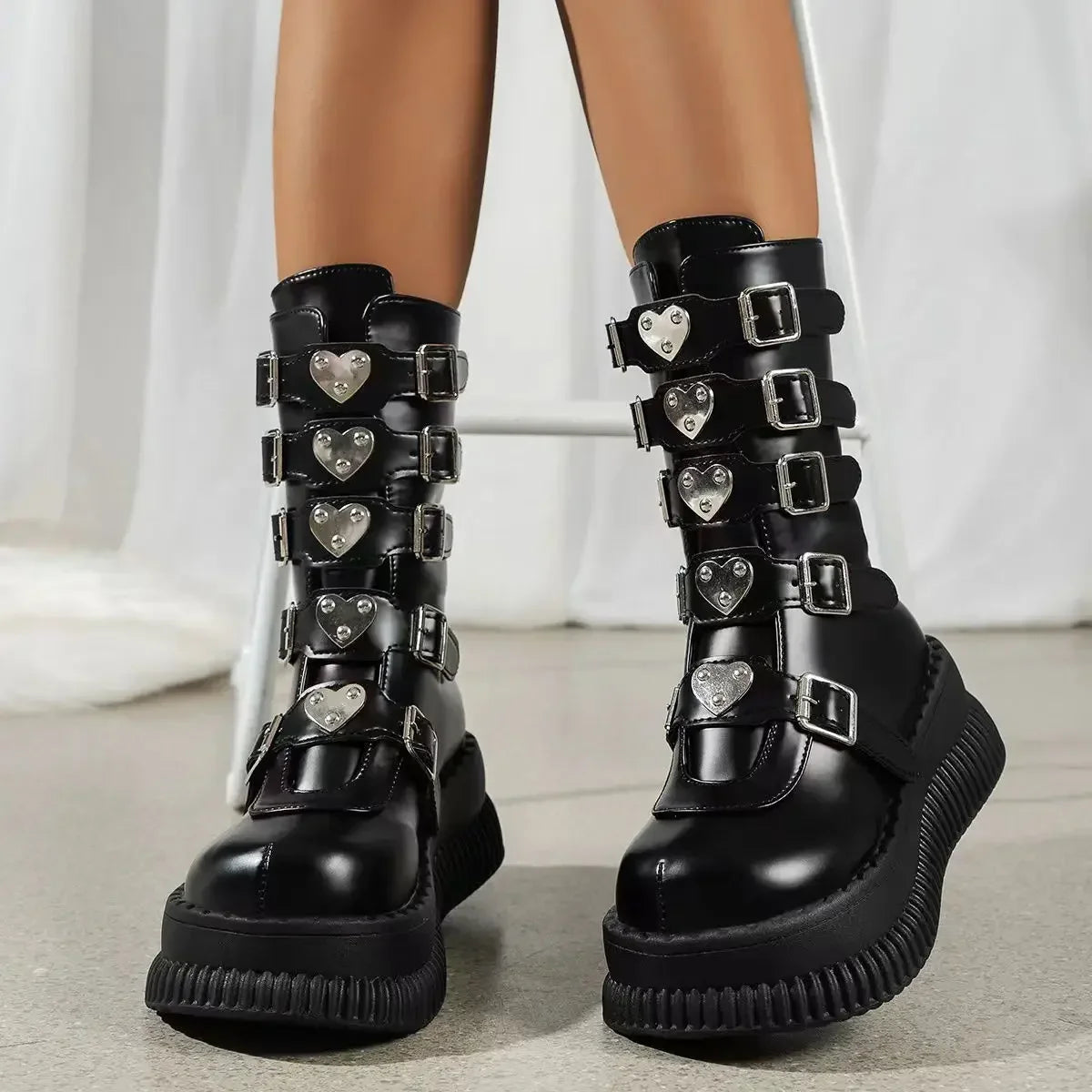 Women's Black Gothic Platform Wedge Boots - Punk Style Chunky Heels.