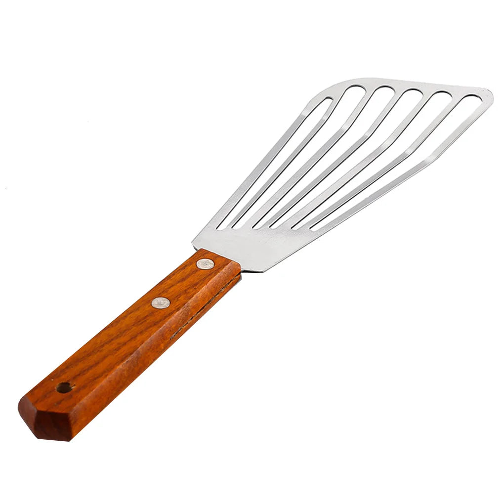 Stainless Steel Slotted Turner with Wooden Handle – Perfect for Frying, Flipping, and Grilling