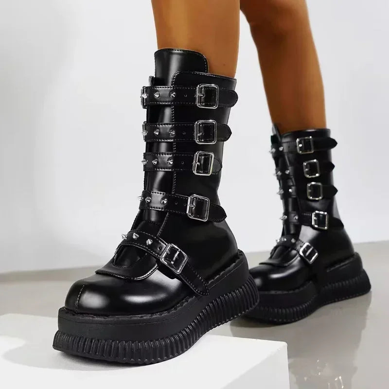 Women's Black Gothic Platform Wedge Boots - Punk Style Chunky Heels.