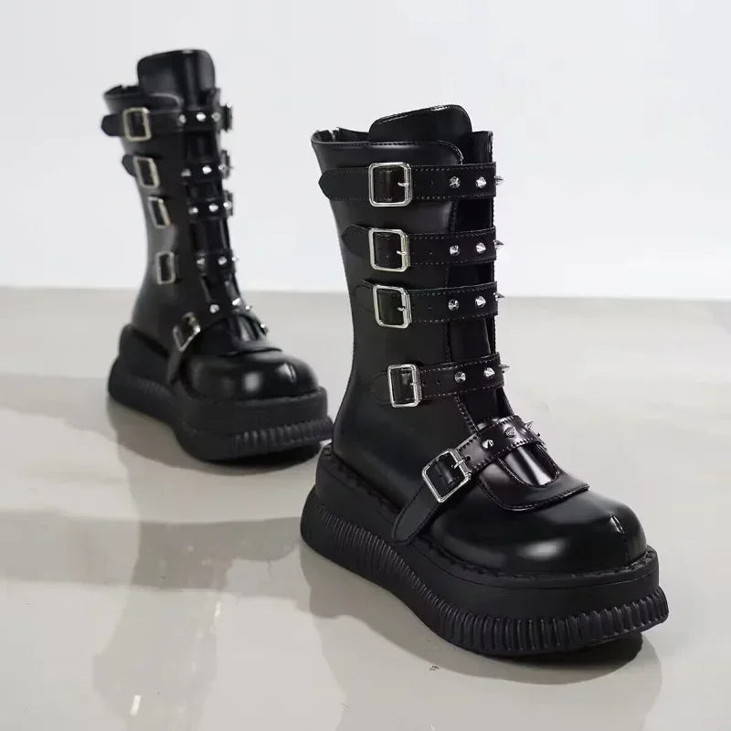 Women's Black Gothic Platform Wedge Boots - Punk Style Chunky Heels.